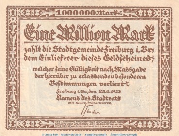 Notgeld Stadt Freiburg i.Br. 1 Million Mark Schein in gbr. Keller 1589.b-c von 1923 , Baden Inflation