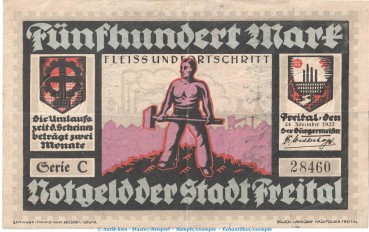 Notgeld Stadt Freital , 500 Mark Schein in gbr. Müller 1575.3 , von 1922 , Sachsen Grossnotgeld