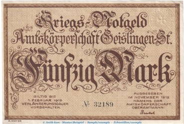 Notgeld Stadt Geislingen , 50 Mark Schein in kfr. Geiger 170.03 von 1918 , Württemberg Grossnotgeld