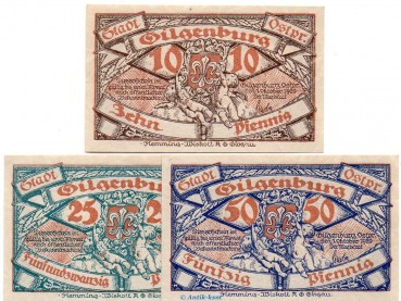 Notgeld Stadt Gilgenburg 429.1 , Set mit 3 Scheinen in kfr. von 1920 , Ostpreussen Seriennotgeld