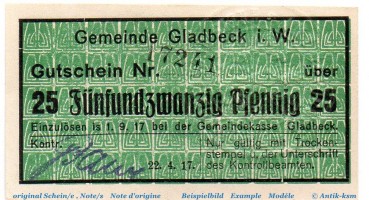 Notgeld Stadt Gladbeck 2240.05.06 , 25 Pfennig Schein in kfr. von 1917 , Westfalen Verkehrsausgabe