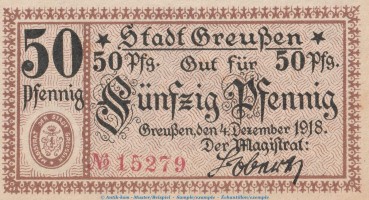 Notgeld Stadt Greussen , 50 Pfennig Schein in kfr. Tieste 2455.05.02 von 1918 , Thüringen Verkehrsausgabe