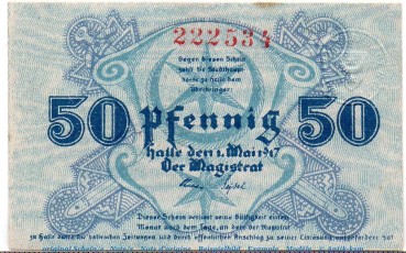 Notgeld Stadt Halle 2740.35.01 , 50 Pfennig Schein in kfr. von 1917 , Provinz Sachsen Verkehrsausgabe