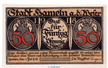 Notgeld Hameln , 50 Pfennig Musterscheinen o. Kn , Tieste 2770.25.21.M , von 1918 , Niedersachsen Verkehrsausgabe