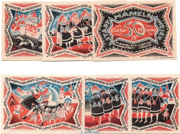 Notgeld Stadt Hameln 566.2.a , 1. Rattenfänger Set mit 6 Scheinen in kfr. von 1921 , Niedersachsen Seriennotgeld