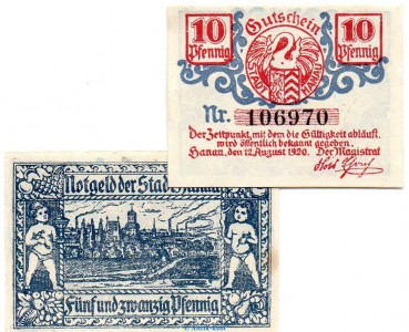 Notgeld Stadt Hanau , Set mit 2 Scheinen in kfr. Tieste 2790.10.25-26 von 1920 , Hessen Verkehrsausgabe