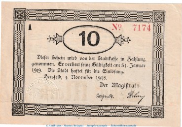 Notgeld Stadt Hersfeld , 10 Mark Schein in kfr.E , Geiger 231.06.a von 1918 , Hessen Grossnotgeld