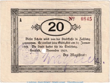 Notgeld Stadt Hersfeld , 20 Mark Schein in gbr.E , Geiger 231.07 von 1918 , Hessen Grossnotgeld