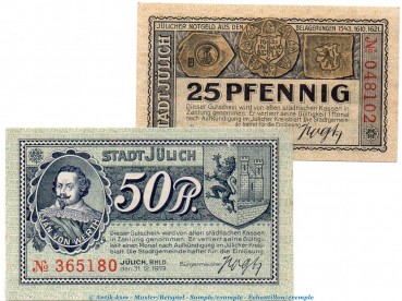 Notgeld Stadt Jülich 3295.05.20-26 , Set mit 2 Scheinen in kfr. von 1919 , Rheinland Verkehrsausgabe