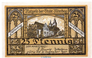 Notgeld Stadt Jüterbog , 25 Pfennig Schein in kfr. von 1920 Tieste 3300.05.25 , Brandenburg Verkehrsausgabe