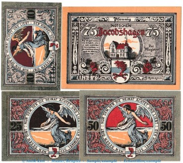 Notgeld Stadt Jacobshagen 651.1 , Engel Set mit 4 Scheinen in kfr. von 1920 , Pommern Seriennotgeld