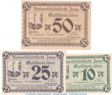 Notgeld Stadt Jena , Set mit 3 Scheinen in kfr. Tieste 3270.35.20-22 von 1920 , Thüringen Verkehrsausgabe