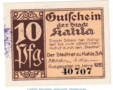 Notgeld Stadt Kahla , 10 Pfennig Schein in kfr. Tieste 3325.05.31 von 1920 , Thüringen Verkehrsausgabe