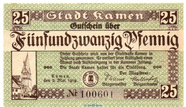 Notgeld Stadt Kamen 3350.05.10 , 25 Pfennig Schein in kfr. von 1919 , Westfalen Verkehrsausgabe