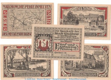 Notgeld Stadtkasse Malchow 863.2.a , Set -grau- mit 5 Scheinen in kfr. o.D. Mecklenburg Vorpommern Seriennotgeld