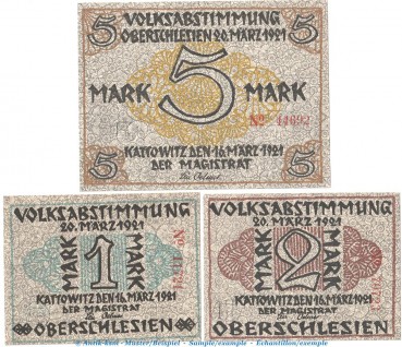 Notgeld Stadt Kattowitz 681.1 , Set mit 3 Scheinen in kfr. von 1921 , Schlesien Seriennotgeld