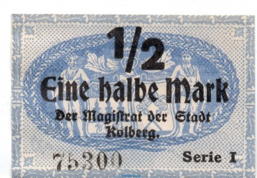 Notgeld Stadt Kolberg 3650.05.03 , 1 halbe Mark Schein in kfr. von 1917 , Pommern Verkehrsausgabe