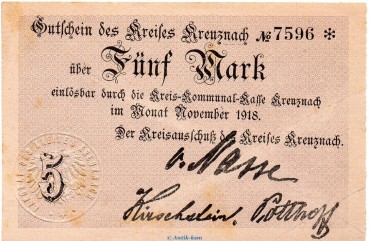 Notgeld Stadt Kreuznach , 5 Mark Schein mit Stempel in f-kfr. Geiger 294.1.a o.D. Rheinland Grossnotgeld