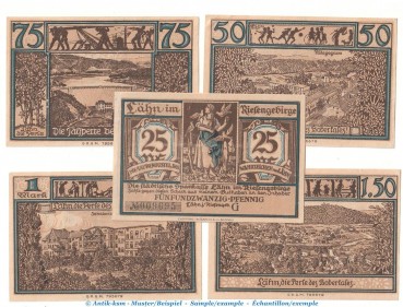 Notgeld Stadt Lähn 756.3.b , Taubengustel Set mit 5 Scheinen in kfr. o.D. , Schlesien Seriennotgeld