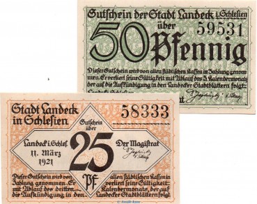 Notgeld Stadt Landeck , Set mit 2 Scheinen in kfr. Tieste 3825.15.20-21 von 1921 , Schlesien Verkehrsausgabe