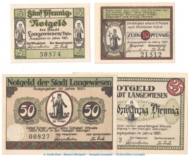 Notgeld Stadt Langewiesen 772.1 , Set mit 4 Scheinen in kfr. o.D. Thüringen Seriennotgeld