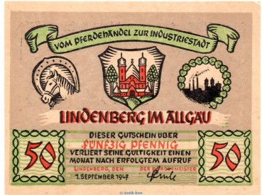 Notgeld Stadt Lindenberg , 50 Pfennig Schein in kfr. von 1947 , Bayern Notgeld 1945 bis 1948