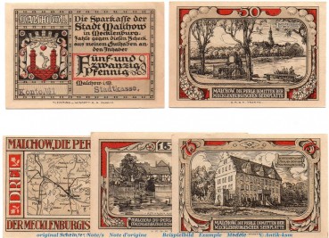 Notgeld Stadt Malchow 863.3.a , Set mit 5 Scheinen , Kn und Stempel in kfr, o.D. Mecklenburg Vorpommern Seriennotgeld