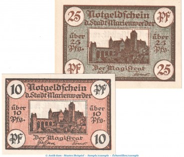 Notgeld Stadt Marienwerder , Set mit 2 Scheinen in kfr. Tieste 4390.15.01-2 , deutsch Westpreussen Verkehrsausgabe