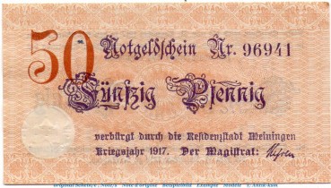 Notgeld Stadt Meiningen 4465.10.01 , 50 Pfennig Schein in kfr. von 1917 , Thüringen Verkehrsausgabe