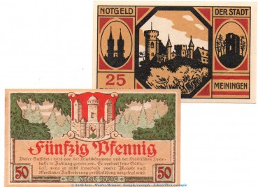 Notgeld Stadt Meiningen 4465.10.10-15 , Set mit 2 Scheinen in kfr. von 1920 , Sachsen Verkehrsausgabe