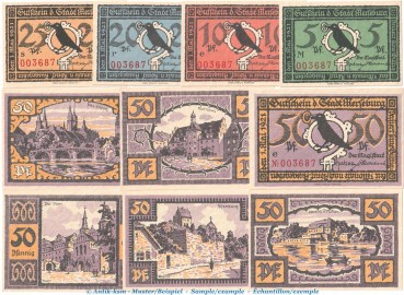 Notgeld Stadt Merseburg 884.2 , Büttenpapier Set mit 10 Scheinen in kfr. von 1921 , Sachsen Anhalt Seriennotgeld