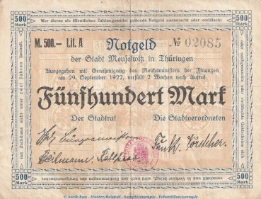 Notgeld Stadt Meuselwitz , 500 Mark Schein in gbr. Müller 2955.1 von 1922 , Thüringen Großnotgeld