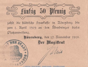 Notgeld Stadt Nörenberg , 50 Pfennig Schein in kfr. Tieste 5145.05.05 von 1918 , Pommern Verkehrsausgabe