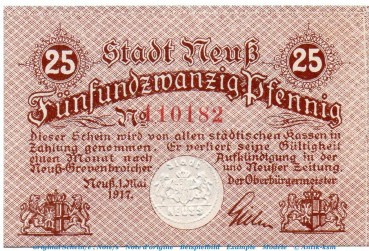 Notgeld Stadt Neuss 4935.05.05 , 25 Pfennig Schein in kfr. von 1917 , Rheinland Verkehrsausgabe