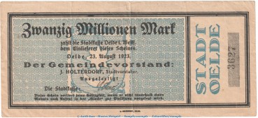 Notgeld Stadt Oelde , 20 Millionen Mark Schein in gbr. Topp 700.8 von 1923 , Westfalen Inflation