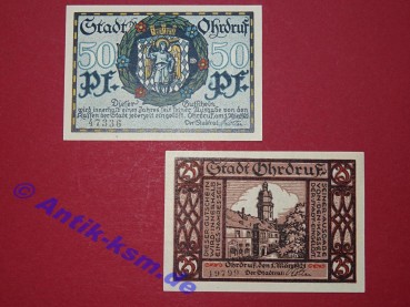 Notgeld Stadt Ohrdruf , Thüringen , vollständiger Satz mit 2 Scheinen in kassenfrischer Erhaltung , Seriennotgeld , 1012.3 A mit Ovalstempel , von 1921