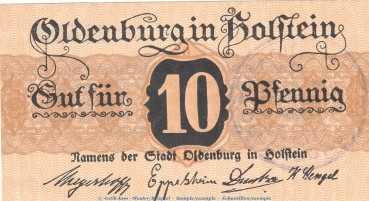 Notgeld Stadt Oldenburg , 10 Pfennig Schein in kfr. Tieste 5365.05.02 o.D. Schleswig Holstein Verkehrsausgabe