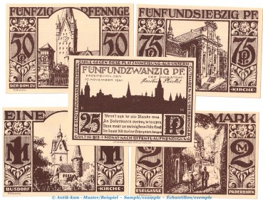 Notgeld Stadt Paderborn 1043.5 , Set it 5 Scheinen in kfr. von 1921 , Westfalen Seriennotgeld