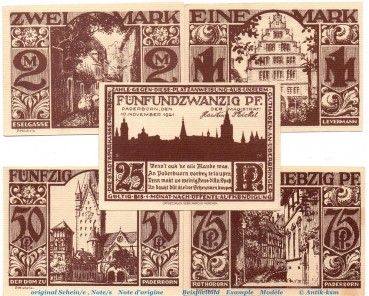 Notgeld Stadt Paderborn 1043.7 Set mit 5 Scheinen in kfr. von 1921 , Westfalen Seriennotgeld