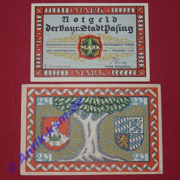 Notgeld Stadt Pasing , Bayern , vollständiger Satz mit 2 Scheinen in kassenfrischer Erhaltung , Seriennotgeld , 1050.2 b , von 1918