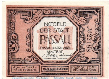 Notgeld Stadt Passau 1051.1 , 1 Mark Schein mit Kn. in kfr. von 1921 , Bayern Seriennotgeld