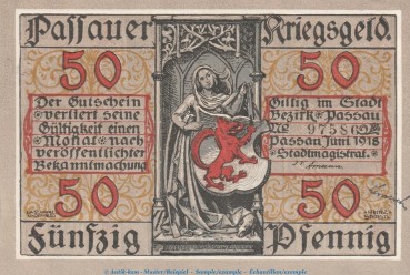 Notgeld Stadt Passau , 50 Pfennig -Schippen- in kfr. Tieste 5515.05.010 von 1918 , Sachsen Verkehrsausgabe