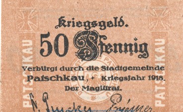 Notgeld Stadt Patschkau , 50 Pfennig Schein in kfr. Tieste 5520.05.12 von 1918 , Schlesien Verkehrsausgabe