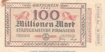 Notgeld Stadt Pirmasens , 100 Millionen Mark Schein in f-kfr. Keller 4313.w von 1923 , Pfalz Inflation