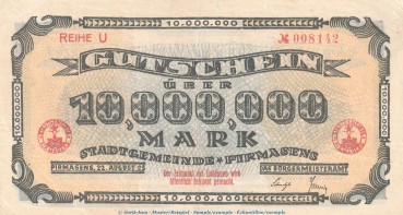 Notgeld Stadt Pirmasens , 10 Millionen Mark Schein in L-gbr. Keller 4313.m von 1923 , Pfalz Inflation