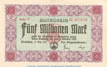 Notgeld Stadt Pirmasens , 5 Millionen Mark Schein in gbr. Keller 4313.k von 1923 , Pfalz Inflation