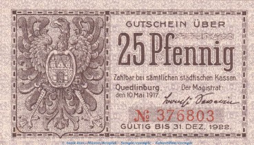 Notgeld Stadt Quedlinburg , 25 Pfennig Schein in kfr. Tieste 5835.25.10 von 1917 , Sachsen Verkehrsausgabe