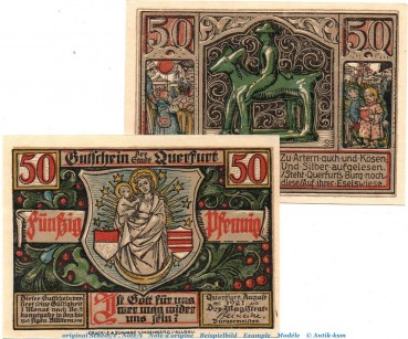 Notgeld Stadt Querfurt 1090.2 , Set mit 2 Scheinen in kfr. von 1921 , Sachsen Anhalt Seriennotgeld