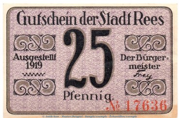 Notgeld Stadt Rees 5950.05.01 , 25 Pfennig Schein in kfr. von 1919 , Rheinland Verkehrsausgabe