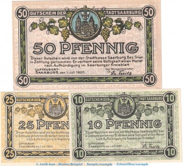 Notgeld Stadt Saarburg , Set mit 3 Scheinen in kfr. Tieste 6340.10.01-03 von 1920 , Rheinland Verkehrsausgabe